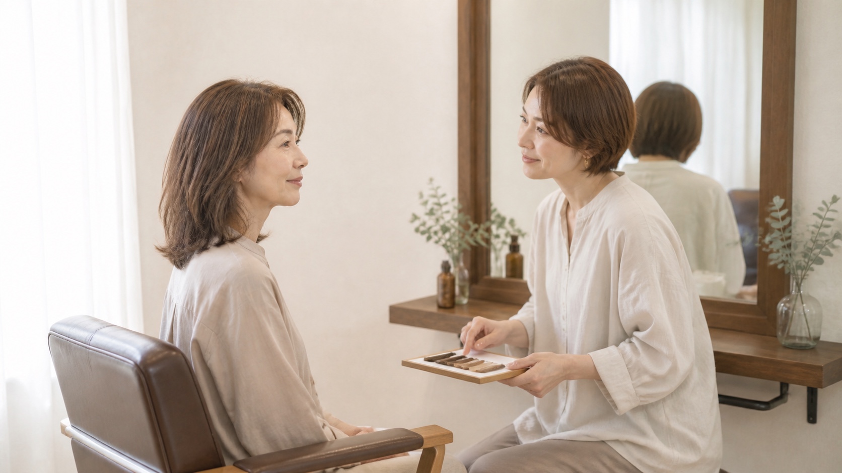 美容師が大人の女性の話を聞くカウンセリングイメージ